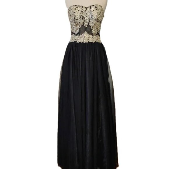 Whimsigoth Corset Unconventional Lace Mesh Strapless Sequin Formal Prom Gown - Picture 1 of 9